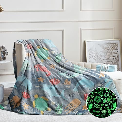LXTOPN Kuscheldecke Kinder, Meerestiere Fisch Decke, Kinderdecke Leuchtet im Dunkeln, Sofadecke für Mädchen Junge, Ganzjahresdecke für Kinde
