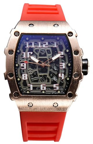 rorios Herren Quarz Uhr Mode Tonneau Armbanduhren Leuchtend Analog Uhr Freizeit Sport Herrenuhren für Männer mit Datum Kalender Roségold Rot