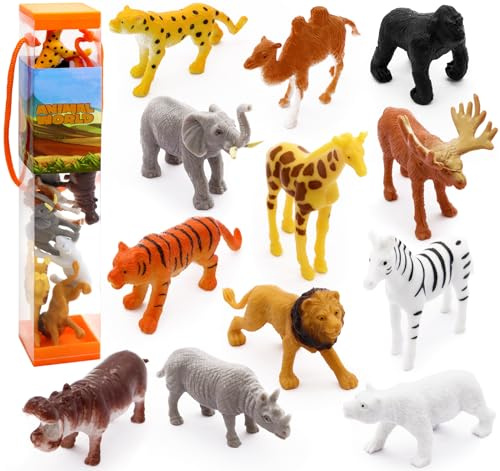 Fun Gift 12 pcs Jungle Zoo Animal Figures -Educational Learning Playset,Realistic Toy Set Include Lion, Tiger, Giraffe,Wild Plastic Animals Figures,Gifts for Kids 3+ Years Boys Girl