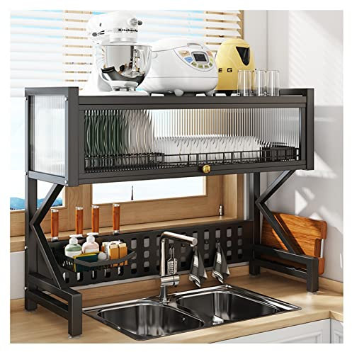 Escurridor de platos extensible de 2 niveles con estante de almacenamiento multifuncional, color negro, 100 x 34,5 x 82 cm
