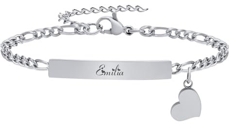 Gamtic Personalisiertes Armband Damen mit Gravur - Edelstahl Figaro Kettenarmband Herz Charm Verstellbar Armkette Valentinstag Muttertag Geburtstags Weihnachten Geschenk für Damen Mädchen (Silber)