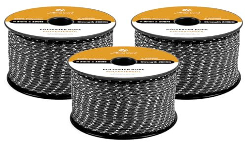 Abma Cord Polyesterseil 3mm x 100m Seil Geflochtene Schnur Reißfest für Outdoor, Boot, Festmacher, Zelt, Garten - Schwarz/Weiß
