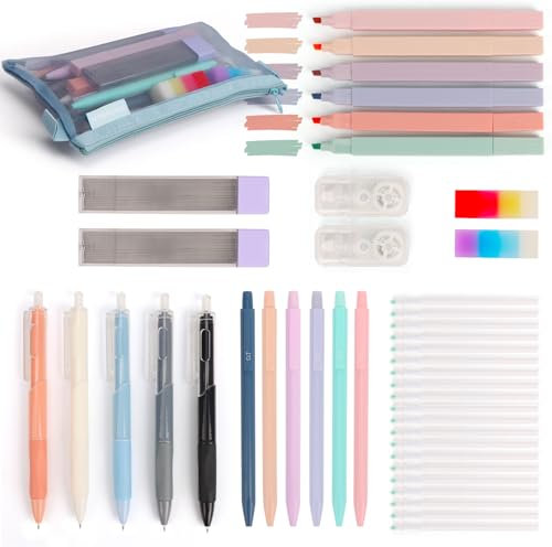 OWill Druckbleistift Set,43 Stück Aesthetic school stuff,Bleistifte kinder mit mine,6 Stück Minenbleistift 0,5 & 0,7 mm,2 Radierer,6 Pastell Textmarker,5 Druckgelstifte,2 Korrekturroller
