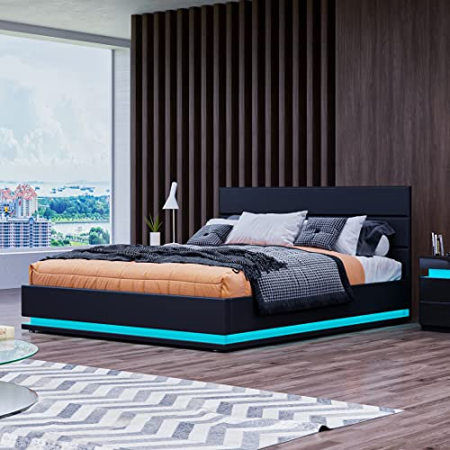 Chebinsiti Ottoman Bed 4ft6 Double Ottoman Gas Lift Bed Upholstered Storage LED Bed Frame Faux Leather Under Bed Storage Bedroom Furniture Black