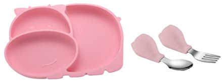ERINGOGO Vajilla De Silicona Para Bebés Plato Dividido Con Cucharas y Tenedor Entrenamiento Para Alimentación Infantil Diseño Divertido