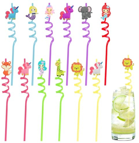 12 Pack Novelty Fun Straws, Animal or Mermaid or Unicorn Drinking Straws, Reusable Colorful Curly Hard Plastic Straw for Birthday Party Supplies