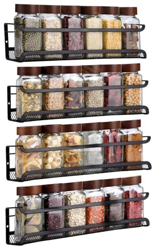 Amalan 4-Tier Spice Rack Wall Mounted-Black Metal Organiser with Mesh Base (No Drilling Needed)-Includes Adhesive Pads&Screws-For Kitchen Cupboard,Pantry or Bathroom-29x7x7cm