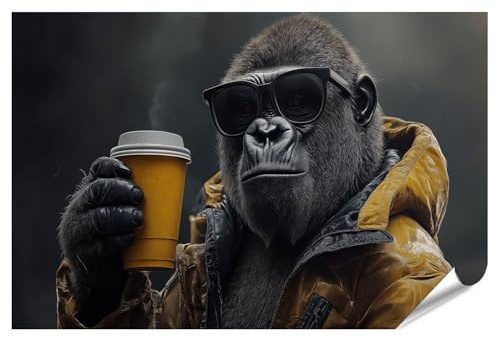 islandburner XXL Bild Poster Gorilla mit Kaffee und Sonnenbrille in Jacke Premium Bilder Fotodruck