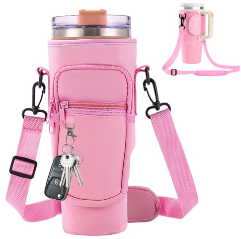 Mudoulu Water Bottle Carrier for Stanley 40oz and Meoky Tumbler, Bottle Holder with Phone Pocket and Adjustable Strap, Compatible with Stanley Cup Accessories, Pink