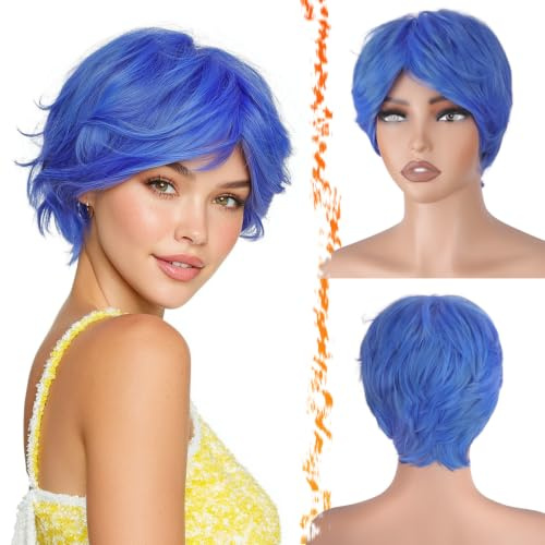 BARSDAR Kurze Blau Perücke, Joy Kostüm Alles steht Kopf Kurze Blau Pixie Cut mit Natürlich Look Perücke Dick Synthetikhaar Anime Cartoon Cosplay Party Halloween Kostüm Perücken für Erwachsene