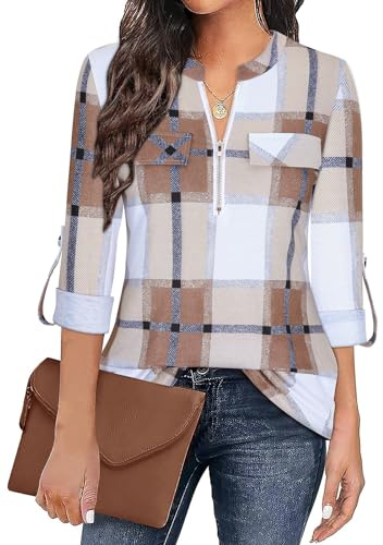 Gemulate Womens Tops 3/4 Sleeve Tops for Women Polo Top Floral Printed Shirts with Zip Up V Neck Tunic Blouse Basic Tops
