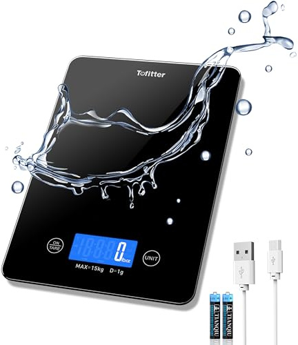 Tofitter Digital Kitchen Scales Large Food Scales –15kg/33lb Capacity, USB Rechargeable & Battery Operated, 1g/0.1oz Precision, 6 Units, Easy-Clean Glass Platform- for Cooking & Baking & Meal Prep