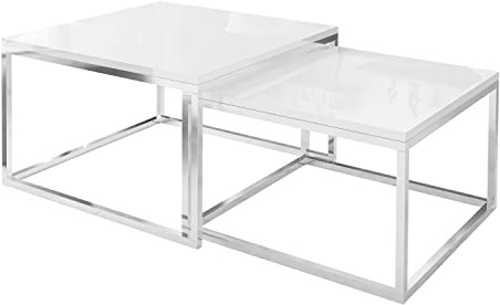 Lookway Couchtisch Yoshi 2in1 – Weiß oder Schwarz Hochglanz Tischplatte mit stabilem Chromuntergestell, moderner Wohnzimmertisch, platzsparend & elegant (Weiß Hochglanz, 36 cm / 42 cm)