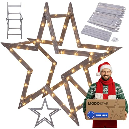 MODO24 DIY Stern MODOSTAR 3D Weihnachtsstern Set aus FSC Holz, Sternabmessungen: 114 cm, zum Aufstellen im Garten & Terrasse, wetterfest, faltbar & stabil, Weihnachtsdeko, Farbe: Grau imprägniert