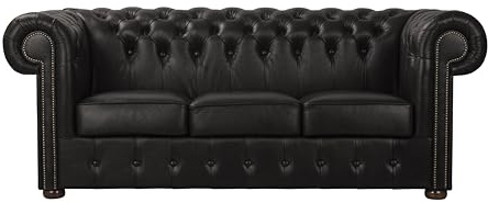 ROYALSOFA Sofa Chesterfield King 3-Sitzer Ledersofa mit Knopfheftung, Holzrahmen & Gepolsterten Armlehnen, Pflegeleichte Couch, Loungesofa für Wohnzimmer, Büro, Praxis, Kanzlei & Hotel, Schwarz