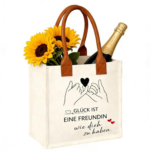 Beste Freundin Geschenke, Personalisierte Canvas Tragetasche mit Ledergriffen und Spruch, Kleine Auszeit Tasche Beige 25x21x14cm, Freundinnen Geschenkideen Geburtstag, Geschenke für Freundin Schwester
