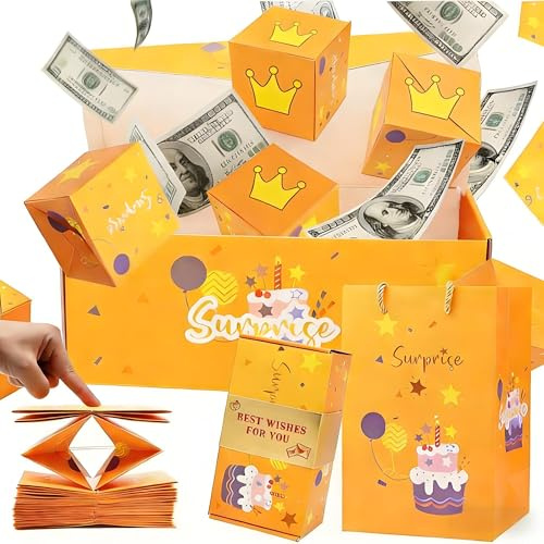 Explosionsbox Überraschungsbox Geld Geschenkverpackung Pop-Up Explosion Set | Geldgeschenk Hochzeit,Abschluss Geldgeschenk,Renteneintritt Kreative Geschenk,kleine Größen,Beste Wünsche,Orange Partydeko