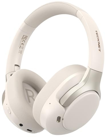 TECKNET Over Ear Kopfhörer Bluetooth mit Hybrid Active Noise Cancelling, Kabellose Bluetooth 6.0 Kopfhörer, 70 Std. Wiedergabezeit, 6 EQ-Modi, 3,5-mm-Audiokabel für Zuhause, Reisen und Büro, Weiß