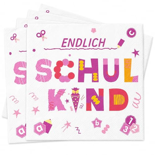 48 Stück Servietten Einschulung Mädchen, Rosa Endlich Schulkind Papierservietten 33x33cm, Einschulung Deko Mädchen Tischdeko Zubehör, Schulanfang Deko für Party
