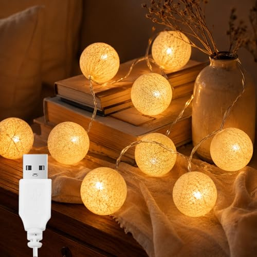 ALEGRE USB Lichterkette Baumwollkugeln, 1,5M 10 LED Baumwollkugeln Lichterkette Kugeln mit USB, 4cm Cotton Balls Lichterketten Innen, Warmweiß Lichterketten Kugel für Kinderzimmer,Weihnachten,Hochzeit