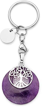 Jovivi Natural Amethyst Crystal Gemstone Keyring Tree of Life Keychain Healing Reiki Chakra Lucky Pendant Charms for Women Girls