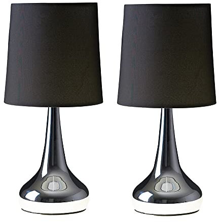 MiniSun | Modern Chrome Teardrop Touch Table Lamps with Black Fabric Shades | Table Lamps, Home Décor & Improvement Essential | Set of 2 | Includes 5W LED Bulbs [3000K Warm White]