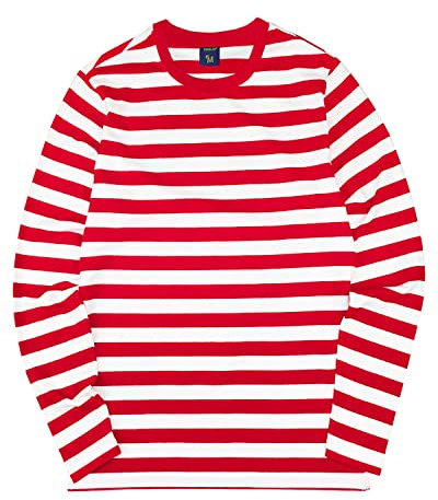 Mens Striped Long Sleeve T Shirt(XL,Red&White Wide)