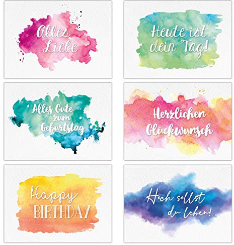 Papierdrachen 12 Glückwunschkarten zum Geburtstag - Geburtstagskarte - Grußkarte im Aquarell Stil für Kinder und Erwachsene - 12 Postkarten in grün blau pink orange türkis und koralle