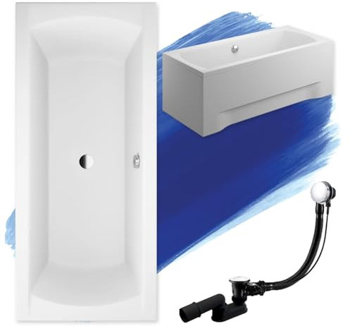 BADLAND Badewanne Original Weiß Acryl Wanne Rechteck INES 190x90 KOMPLETTSET SET mit Weiß Acrylschürze + Füßen und Exklusive Chrom Automatik Ablaufgarnitur Made in EU 4in1