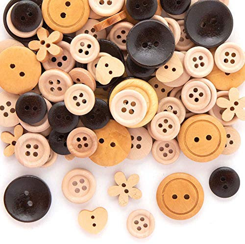 Baker Ross AX377 Assorted Wooden Buttons for Crafting - Pack of 120, Great for Button Art for Kids, Arts and Crafts, Embellishing, Scrapbook or for School Classroom Supplies