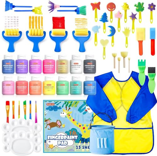 Shuttle Art 53 teiliges Fingerfarben Kinder Ungiftig, Bastelset mit 14 farben (je 60ml) Fingermalfarben für Kinder, Pinsel, Fingerfarben Malbuch, Schwamm, Schwammspatel, Palette, Malset für Kinder