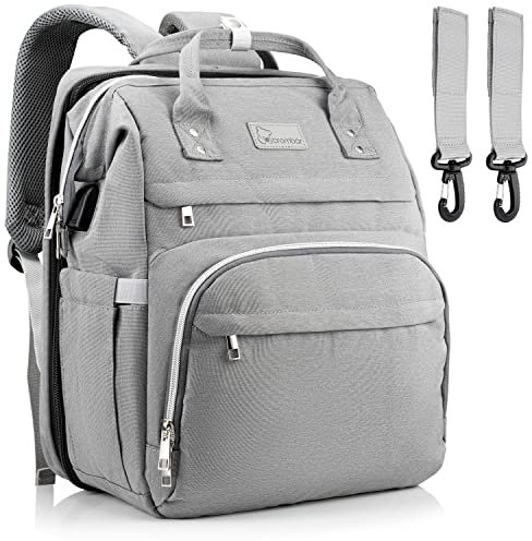 Brombär Wickelrucksack mit Bett und Kinderwagenhaken in Grau