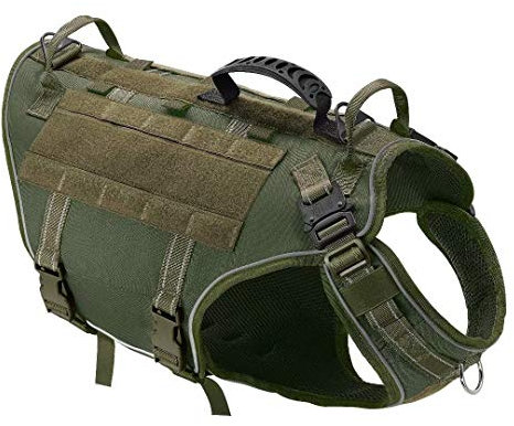 PET Artist Reflective Tactical Dog Harness with 3 x Handles and 2 x Lead Clip - No Pull Molle Vest for Walking Training, Adjustable Pet Harness for Medium and Large Dogs,Green,L