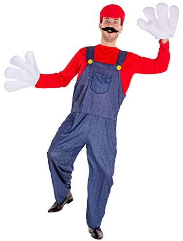 dressforfun 900011 Herrenkostüm Super Klempner mit Latzhose in Jeansoptik, Langarmshirt, Mütze, Schnurrbart und Handschuhen (L)