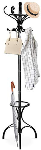 COSTWAY Wooden Rotating Coat Hat Hanger, 12 Hooks Freestanding Hallstand Umbrella Stand, Home Office Entryway Storage Display Hall Tree (Black)