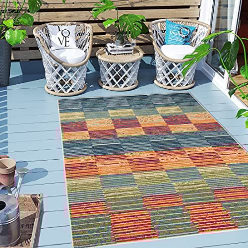 Carpeto Rugs Streifenmuster Outdoor Teppich Wetterfest für Balkon, Terasse - Balkon Teppich Wasserfest - Outdoorteppich Wetterfest - Aussenteppich Terrasse Groß - Mehrfarbig Bunt 1-140 x 200 cm