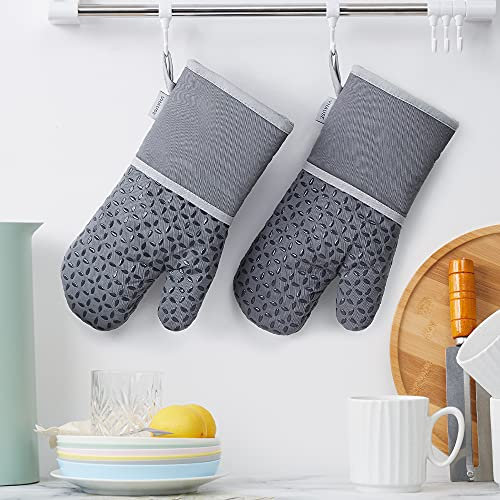 VHAUSE Long Oven Gloves Pair - Heat Resistant 235 °C Cotton Oven Mitts with Non Slip Silicone Grip BBQ Gloves Baking Mittens Gauntlet for Kitchen Cooking Grey