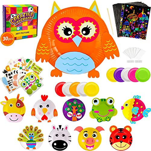 30Pcs Round Paper Plate Art Kit for Kids Animals Paper Plates Art Sets DIY Kids Craft Set Educational Toys for 3-12 Year Olds Preschool Education Boys and Girls,Christmas, Halloween, Birthday Gifts