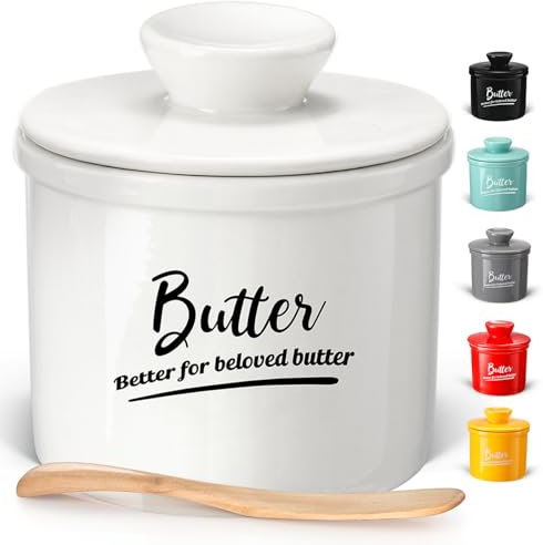 Butter Keeper Crock with Water,Ceramic Butter Crock for Counter – Keeps Butter Soft & Fresh for 2-5 Weeks, Butter Crock with Lid for Countertop with Seal Ring and Knife(White)