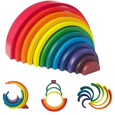 WOODENFUN Großer hölzerner Regenbogenstapler für Kleinkinder, 12 Stück Hellen Farben Regenbogenstapler hölzernes Babyspielzeug - Stapeln Spielbausteine für Kinder