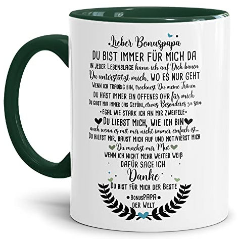 Tasse mit Spruch für Bonuspapa - Danke Bonuspapa - Geschenk für den besten Bonuspapa - Keramik Innen & Henkel Dunkelgrün, 300 ml