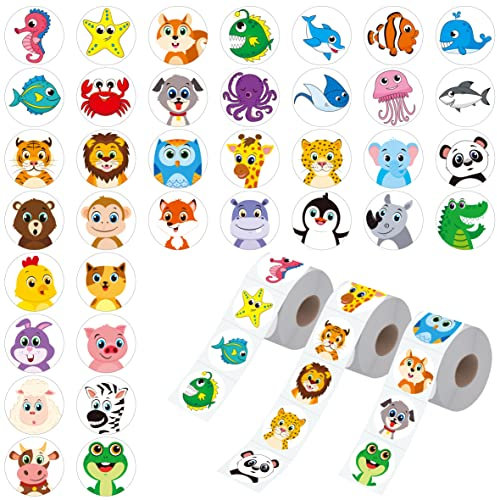 1800 Stück runde Tieraufkleber, 36 Designs Wild/Bauernhof/Marine-Tier-Cartoon-Lehrer-Belohnungsaufkleber für Kinder, Party-Dekoration Aufkleber für Schule, Klassenzimmer, Zuhause mit Perforationslinie