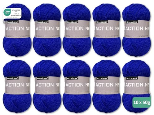 BellaLana Wolle Action New, Allzweckgarn, Stricken, 10x50gr, Blau | 100% Polyacryl-Garn, weich, angenehm & pflegeleicht - Lauflänge ca. 133m - Nadelstärke 3-4 - für Pullover, Schals, Decken