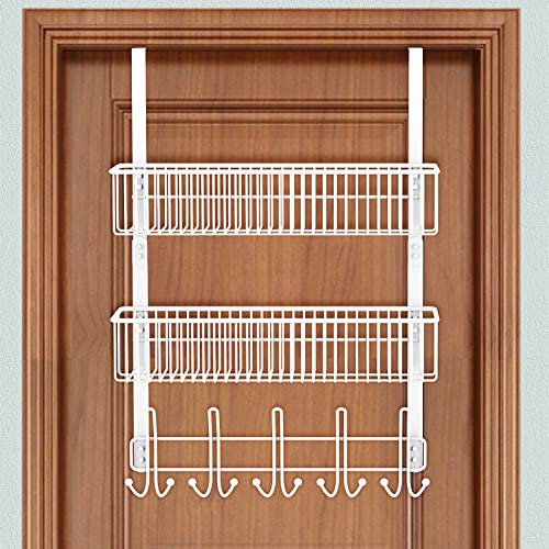 ENONCI Over The Door Hook Hanger 15 Shelf Organizer Hanger Hooks with Mesh Basket Storage Rack,Door Hooks for Hanging Coats,White Wire Basket for Home Storage Organizer