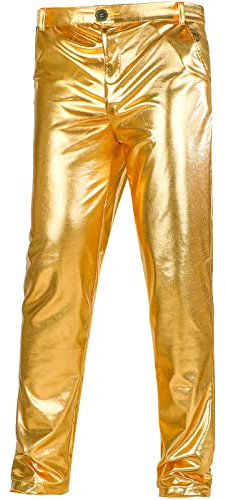 70s Disco Mens Metallic Shiny Suit Pants Hip-Hop Shinny Trousers Halloween Costume for Rave Nightclub Dance Party (Gold, Large)