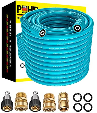 POHIR Pressure Washer Hose 50ft, Upgarde Kink Resistant Super Flexible Replacement Hose, 4000 PSI High Pressure Power Washing Hose with M22 to 3/8 Quick Connect and M22 Extension Adapter