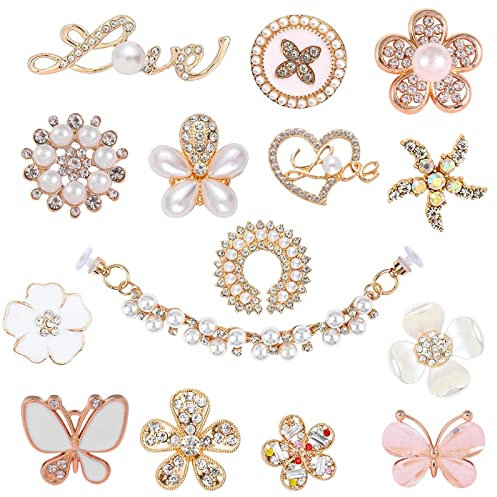 VEGCOO 15 Pcs Shoe Charms for Clog Shoes, Metal Bling Crystal Rhinestone Clog Sandals Decorations Charms, Shining Shoe Decoration Charms for Women Girls Birthday Christmas Party Gifts, Gold