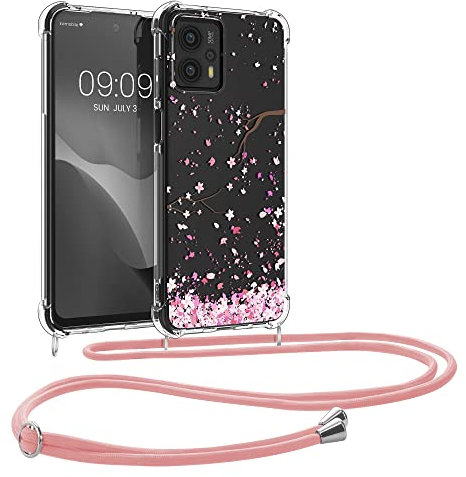 kwmobile Necklace Case kompatibel mit Motorola Moto G23 / Moto G13 Hülle - Silikon Cover mit Handykette - Rosa Dunkelbraun Transparent Kirschblütenblätter