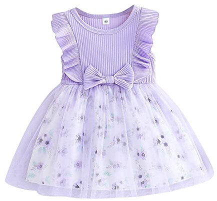 E Girl Anelli Stampe Floreali Senza Maniche per Neonati Fiocchi, Tulle A Costine, Vestito Da Principessa Rosso Ragazza, Lilla, 3-4 Anni