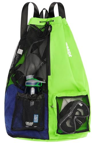 WANDF Swim Bag Mesh Drawstring Backpack with Wet Pocket Beach Backpack for Swimming, Gym, and Workout Gear(XL-Green)